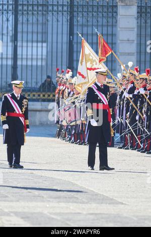 Madrid. Spain. 20240106,  King Felipe VI of Spain attends New Year's Military Parade 2024 at Royal Palace on January 6, 2024 in Madrid, Spain   New Year's Military Parade 2024 is the first time with Crown Princess Leonor Stock Photo