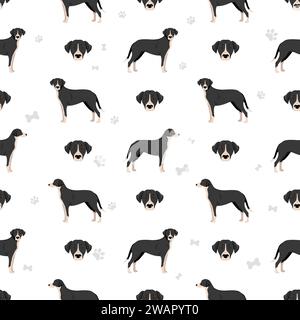 Stephens Cur seamless pattern. All coat colors set.  All dog breeds characteristics infographic. Vector illustration Stock Vector