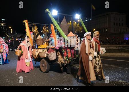 Parade of actors during the 2024 Three Kings parade in Madrid, January 5, 2024 Spain. Stock Photo