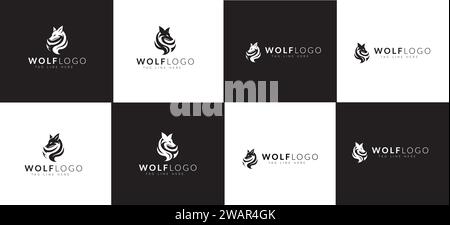 Dynamic Array of Stylized Wolf Logo Designs on Monochrome Backgrounds With Elegant Typography Stock Vector