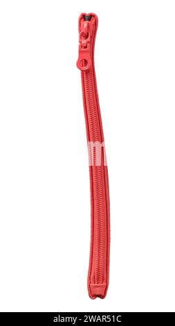red zipper isolated on white background, closed zipper with runner for clothing and fabric bags Stock Photo