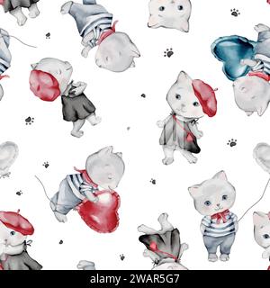 French style animals seamless pattern. Cute cartoon Parisian cat and scottish vector illustration. balloons hearts and Eiffel tower. French style Stock Vector
