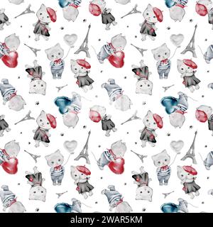 French style animals seamless pattern. Cute cartoon Parisian cat and scottish vector illustration. balloons hearts and Eiffel tower. French style Stock Vector