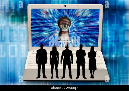 people silhouette on a laptop and a big brother eye looking at them from the screen Stock Photo