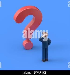 Problem and solution concept.3D illustration of Asian man Felix.3D rendering on blue background. Stock Photo