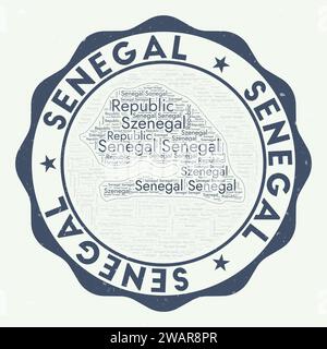 Senegal logo. Appealing country badge with word cloud in the shape of Senegal. Round emblem with country name. Modern vector illustration. Stock Vector