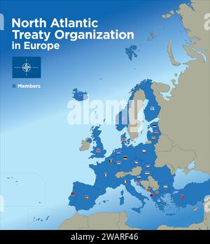 North Atlantic Treaty Organization in Europe map with the territorial division of the states, names and flags of the nations, vector illustration Stock Vector