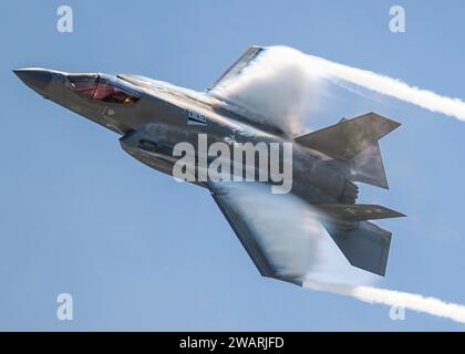 Key West, United States. 14 April, 2023. A U.S Air Force F-35A Lightning II stealth fighter aircraft piloted by Maj. Kristin Wolfe with the assigned to the 421st Fighter Generation Squadron, flies past during Naval Air Station Key West 2023 Southernmost Air Spectacular over Boca Chica Field, April 14, 2023 in Key West, Florida.  Credit: SrA Kaitlyn Ergish/U.S. Air Force/Alamy Live News Stock Photo