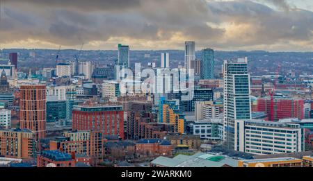 Leeds city centre,  West Yorkshire aerial panoramic view of the city centre looking north towards retail and offices. Leeds, Yorkshire university city Stock Photo
