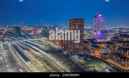 Leeds city centre,  West Yorkshire aerial panoramic view of the city centre looking north towards retail and offices. Leeds, Yorkshire university city Stock Photo