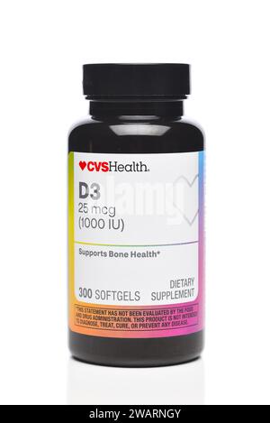 IRVINE, CALIFORNIA - 3 JAN 2024: A bottle of CVS brand D3 softgels Dietary Supplement, for bone health. Stock Photo