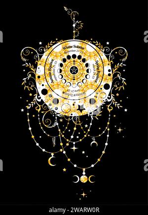 solstice and equinox circle, wheel of moon phases with dates and names. Gold luxury floral crescent moon in boho style. Lucky pagan oracle wicca sign Stock Vector