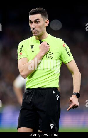 MADRID, SPAIN - JANUARY 03: Referee Alejandro Muniz Ruiz during the LaLiga EA Sports match between Real Madrid CF and RCD Mallorca at Estadio Santiago Bernabeu on January 03, 2024 in Madrid, Spain. (Photo by QSP) Stock Photo