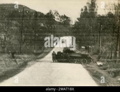 Sovietic soldiers and tank at a checkpoint, Hungary 1956 Stock Photo