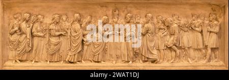 VICENZA, ITALY - NOVEMBER 7, 2023: The marble relief of Wedding of Virgin Mary and St. Joseph  on the menza in the church Chiesa di Santo Stefano Stock Photo