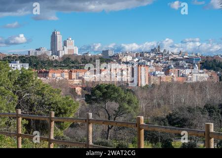 Panoramic view of Madrid Skyline from Casa del Campo park Stock Photo