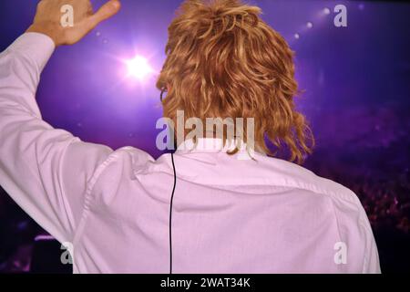 Famous Entertainer Gets on the Stage, Greets Audience, Starts Performance. Software Company Founder, Tech Marketing Guru Making a Pitch, Presentation Stock Photo
