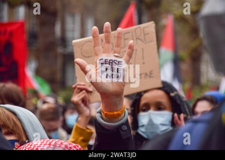 London, UK. 06th Jan, 2024. A protester holds up a hand with the words 'Ceasefire now' during the demonstration. Thousands of pro-Palestine protesters marched in Westminster demanding a ceasefire as the Israel-Hamas war continues. (Photo by Vuk Valcic/SOPA Images/Sipa USA) Credit: Sipa USA/Alamy Live News Stock Photo
