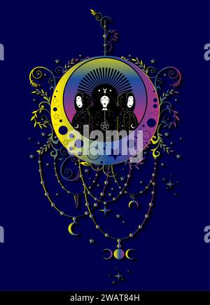 Mystical triple goddess, priestesses  on magical crescent moon. Beautiful celestial fairy women in colorful boho style. Gothic Witch wiccan female Stock Vector