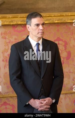 Prime Minister Pedro Sanchez  attend the Pascua Militar ceremony at the Royal Palace on January 06, 2024 in Madrid, Spain Stock Photo