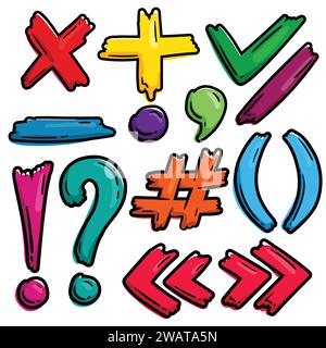 Set of bright cartoon punctuation marks and symbols, doodle, hand drawn, scribbles Stock Vector