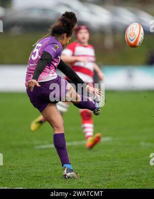 Gloucester,UK,  06 Jan 2024  Bulou Mataitoga (Loughborough) kicks for touch during the Allianz Premiership Womens Rugby Gloucester Hartpury v Loughborough Lightning at Alpas Arena Gloucester United Kingdom on January 06 2024 Alamy Live News Final Score: 42 - 24 Credit: Graham Glendinning / GlennSports/Alamy Live News Stock Photo