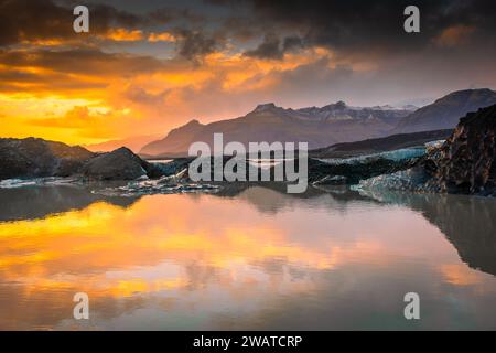 Amazing Sunset Over The Melted Ice Of Vatnajokull Glacier National Park 