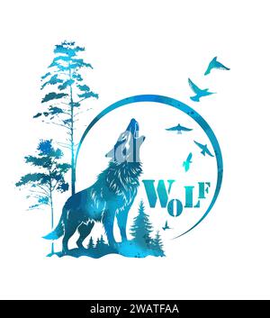 The blue wolf howls at the moon. Hand drawing. Not AI, Printing on a T-shirt. Vector illustration Stock Vector