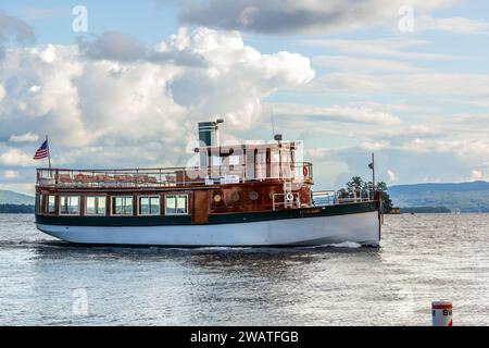 Bolton Landing, NY - US - Sept 9, 2017 Landscape view of the Sagamore Hotel’s iconic The Morgan, a 72-foot replica of 19th century touring vessel.Use Stock Photo