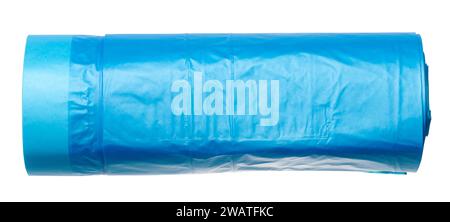 Blue plastic trash bags with strings on white background, close up Stock Photo