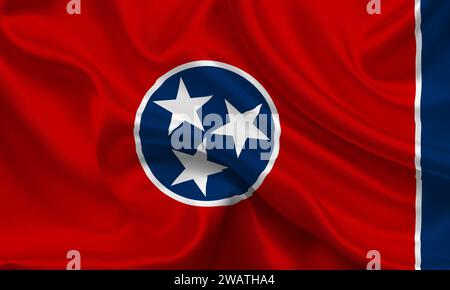 High detailed flag of Tennessee. Tennessee state flag, National Tennessee flag. Flag of state Tennessee. USA. America. Green background. 3D render. Stock Photo