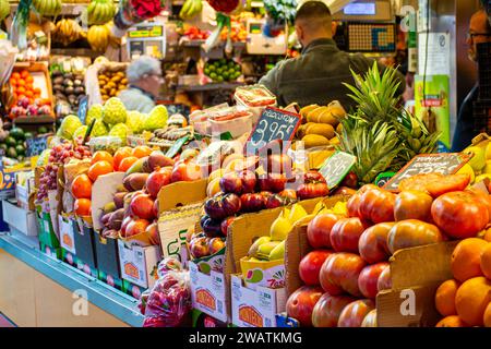 Enjoining diversity of fresh fruits on Atarazanas Central Market in Malaga, Spain Stock Photo