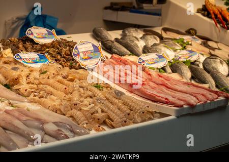 Enjoining diversity of fresh seafood on Atarazanas Central Market Stock Photo