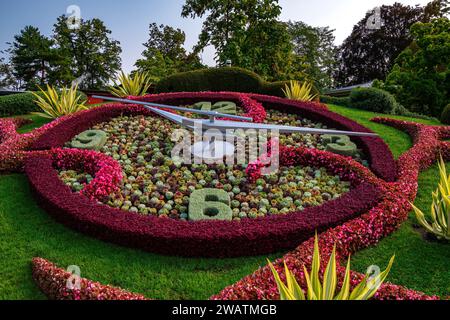 Flower Clock at Geneva Switzerland's lakefront during summer period in Geneva. Stock Photo