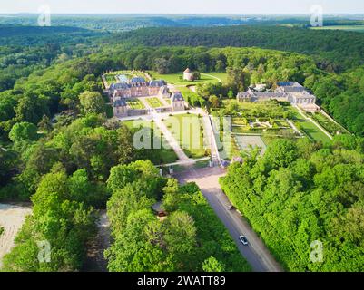 Aerial drone view of Breteuil Castle (chateau de Breteuil) in Choisel near Paris, France Stock Photo