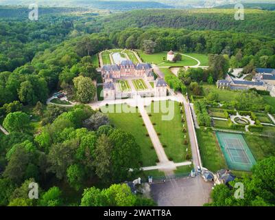 Aerial drone view of Breteuil Castle (chateau de Breteuil) in Choisel near Paris, France Stock Photo