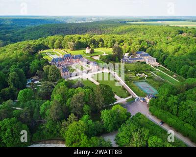 Aerial drone view of Breteuil Castle (chateau de Breteuil) in Choisel near Paris, France Stock Photo