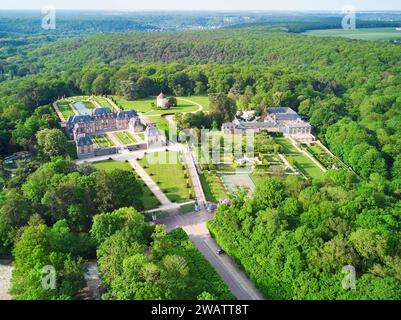 Aerial drone view of Breteuil Castle (chateau de Breteuil) in Choisel near Paris, France Stock Photo