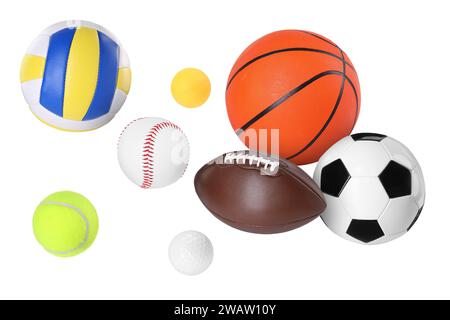 Many balls for different sports flying on white background Stock Photo