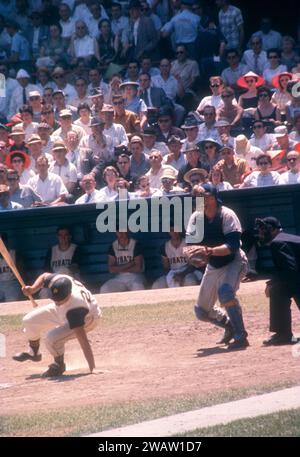 PITTSBURGH, PA - JUNE 26:  Gino Cimoli #20 of the Pittsburgh Pirates is knocked down by the pitch as Jim Hegan #41 of the Chicago Cubs catches the ball during an MLB game on June 26, 1960 at Forbes Field in Pittsburgh, Pennsylvania.  (Photo by Hy Peskin) *** Local Caption *** Gino Cimoli;Jim Hegan Stock Photo