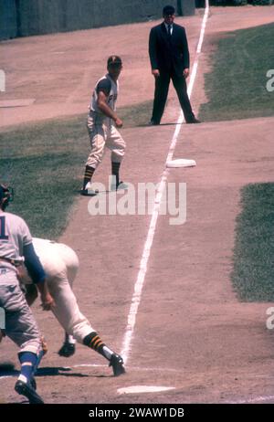 PITTSBURGH, PA - JUNE 26:  Gino Cimoli #20 of the Pittsburgh Pirates is knocked down by the pitch as teammate Rocky Nelson #14 leads off of third base during an MLB game against the Chicago Cubs on June 26, 1960 at Forbes Field in Pittsburgh, Pennsylvania.  (Photo by Hy Peskin) *** Local Caption *** Gino Cimoli Stock Photo