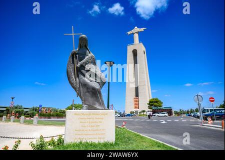 Statue of Blessed Mary of the Divine Heart (Maria do Divino Coração). The Shrine of Christ the King (Santuário de Cristo Rei) in Almada, Portugal. Stock Photo