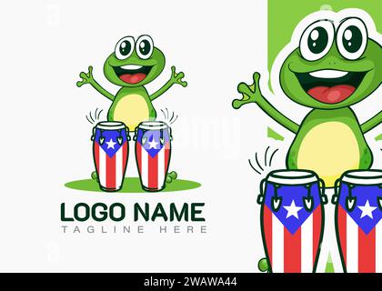 green frog playing drum and celebrating. cartoon vector logo illustration. Stock Vector