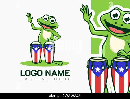 cute frog singing and playing drum. cartoon vector logo illustration. Stock Vector