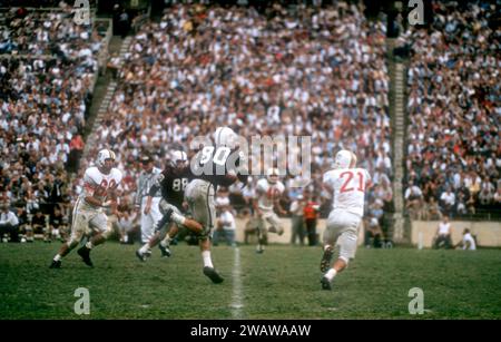 DALLAS, TX - SEPTEMBER 21: General view as #80 of the Texas A&M Aggies makes the catch during an NCAA game against the Maryland Terrapins on September 21, 1957 at the Cotton Bowl in Dallas, Texas.  The Aggies defetead the Terrapins 21-13.  (Photo by Hy Peskin) Stock Photo