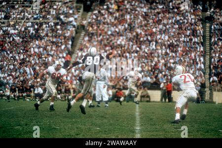 DALLAS, TX - SEPTEMBER 21: General view as #80 of the Texas A&M Aggies makes the catch during an NCAA game against the Maryland Terrapins on September 21, 1957 at the Cotton Bowl in Dallas, Texas.  The Aggies defetead the Terrapins 21-13.  (Photo by Hy Peskin) Stock Photo