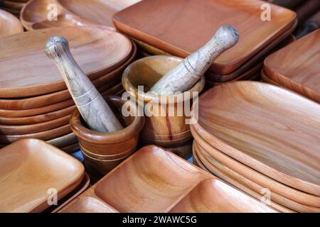 Wooden kitchen utensils, Wooden Kitchen Ware in different shapes. Stock Photo