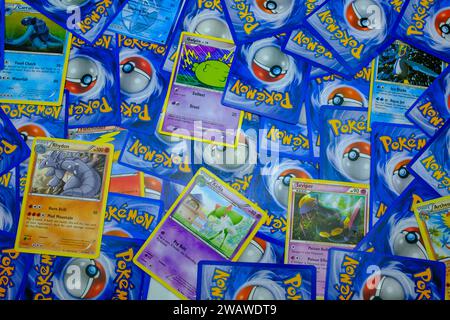 Collection of authentic used Pokémon trading cards, collectable Japanese game. Stock Photo