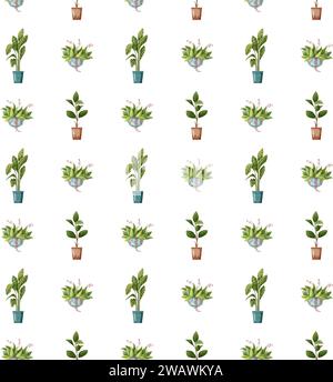 Seamless pattern. Houseplant plant growing in pots. Set of handmade home plants isolated on white background. Cartoon flat illustration. Stock Vector