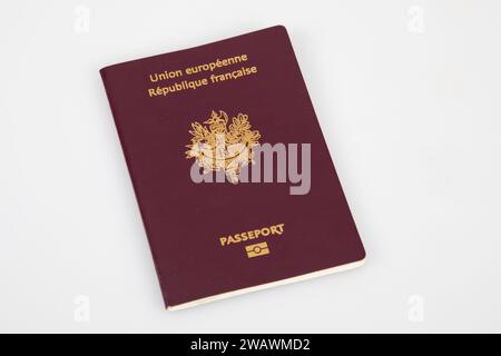 european biometric passport for the french republic on white grey background Stock Photo